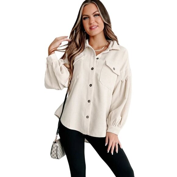 Neutral Beige Corduroy Shacket Dropped Shoulder Balloon Sleeves Size L - Picture 4 of 9